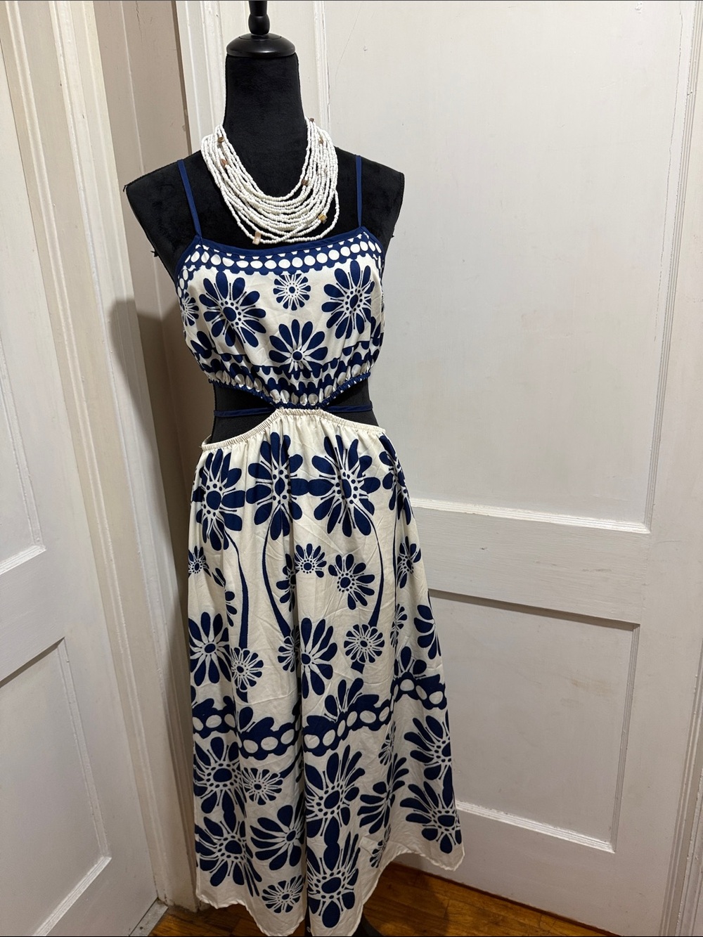 Navy & White Floral Cutout Maxi Dress